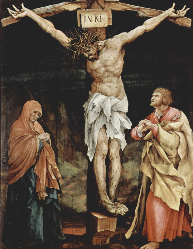 독일화가 마티아스 그뤼네발트가 16세기에 그린 십자가 처형 모습. 가운데에 십자가에 매달린 예수가 있고, 왼쪽엔 예수의 어머니인 마리아, 오른쪽은 요셉이 있다.